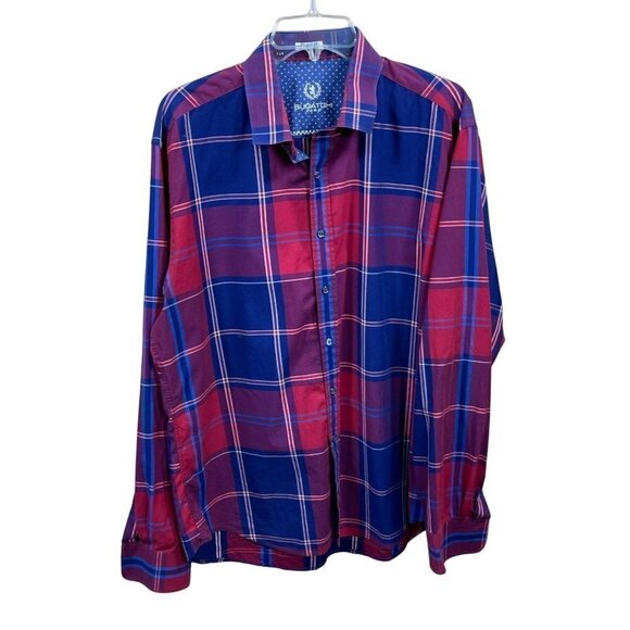 Bugatchi Other - Bugatchi Men's Casual Button Front Shirt Red Navy Blue Plaid Shaped Fit Size XL